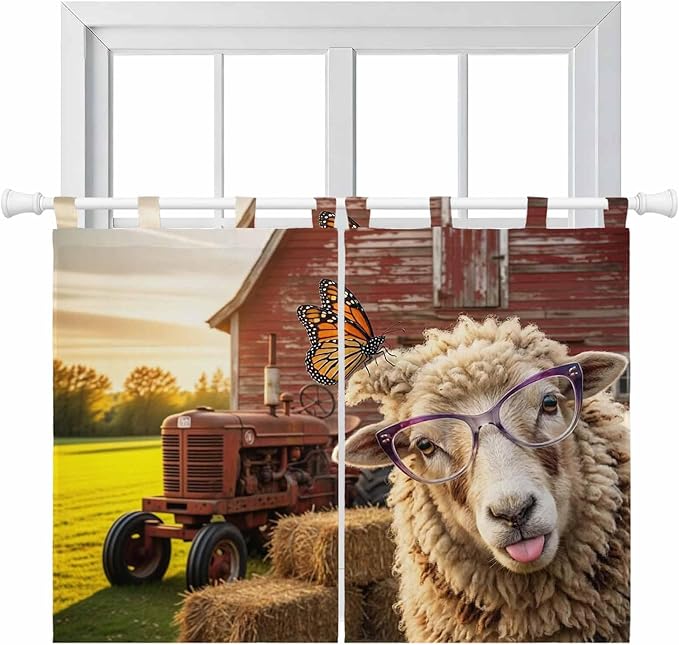 Farm Sheep Kitchen Curtains 45 Inch Length, Short Cafe Window Curtains Tab Top, Farmhouse Barn Funny Animals Butterfly Light Filtering Window Treatments Tier Drapes 27.5"x45" 2 Panel