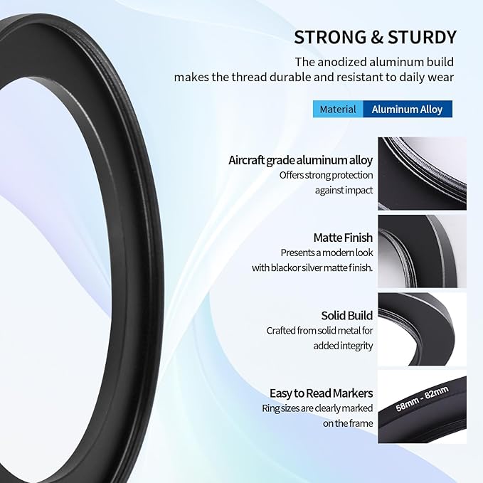 58-82mm Step-Up Ring Adapter, 58mm to 82mm Step Up Filter Ring for 58mm Lens Mount 82mm for DSLR Lenses and ND UV CPL IR Filters （58-82mm）