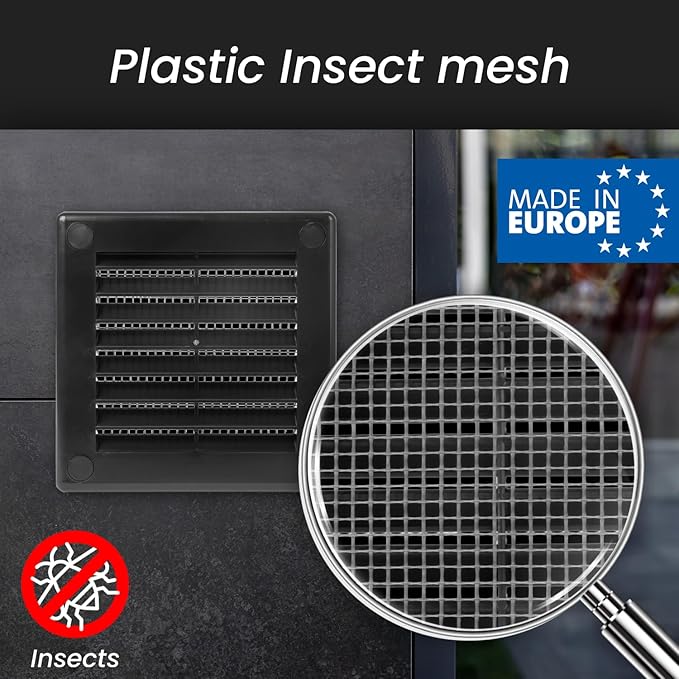 Repa Market 6 x 6 Inch (Outer) Black Square Air Vent Cover - Plastic Fresh Air Intake Vent - AC Cover with Nylon Mesh Screen, Wall, Ceiling HVAC Return Air Register, Modern Soffit Vents