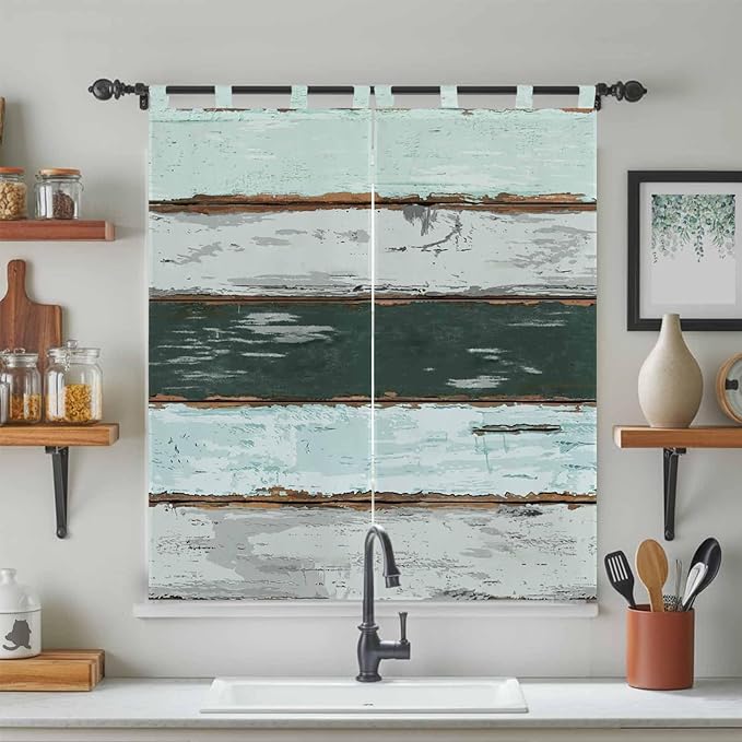 Blue Teal Bedroom Curtains 72 Inch Length, Window Curtains Tab Top, Vintage Wooden Retro Art Farmhouse Barns Light Filtering Window Treatments Drapes 52"x72" 2 Panel