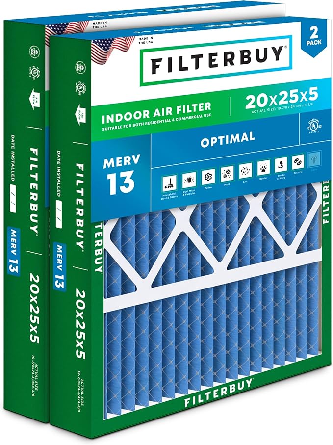 Filterbuy 20x25x5 Air Filter MERV 13 Optimal Smoke & Allergy Defense (2-Pack), Pleated HVAC AC Furnace Filters for Honeywell FC100A1037, Lennox X6673, and More (Actual Size: 19.88 x 24.75 x 4.38)