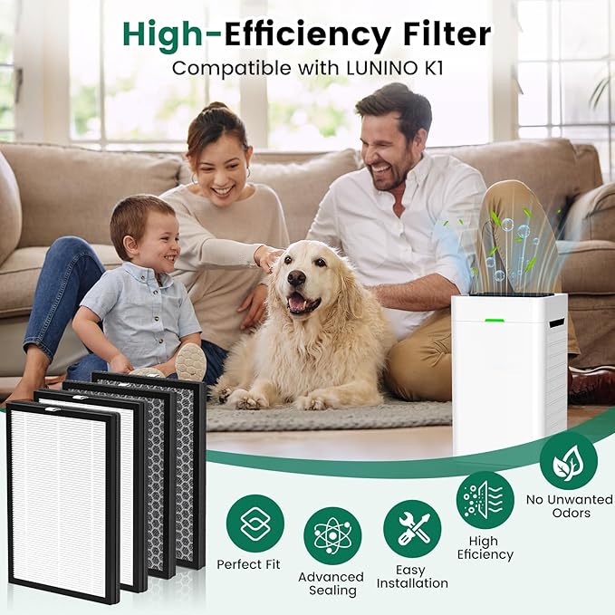 4 Pack K1 Air Purifier Replacement Filter Fit for LUNINO K1,3-in-1 High-Efficiency H13 True HEPA and Activated Carbon Filter,Double-Sided Filters for Home Large Room Up to 2600 Ft²