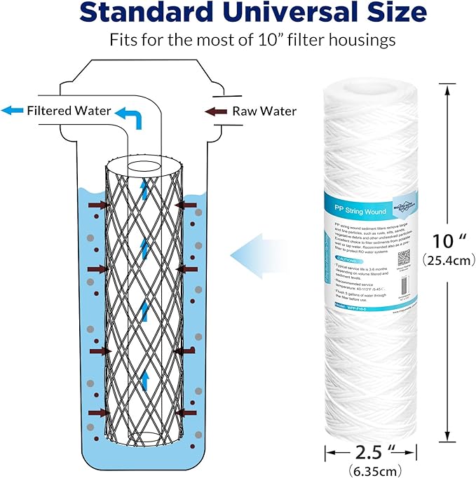 Membrane Solutions 50 Micron 10"x2.5" String Wound Whole House Water Filter Replacement Cartridge Universal Sediment Filters for Well Water - 6 Pack