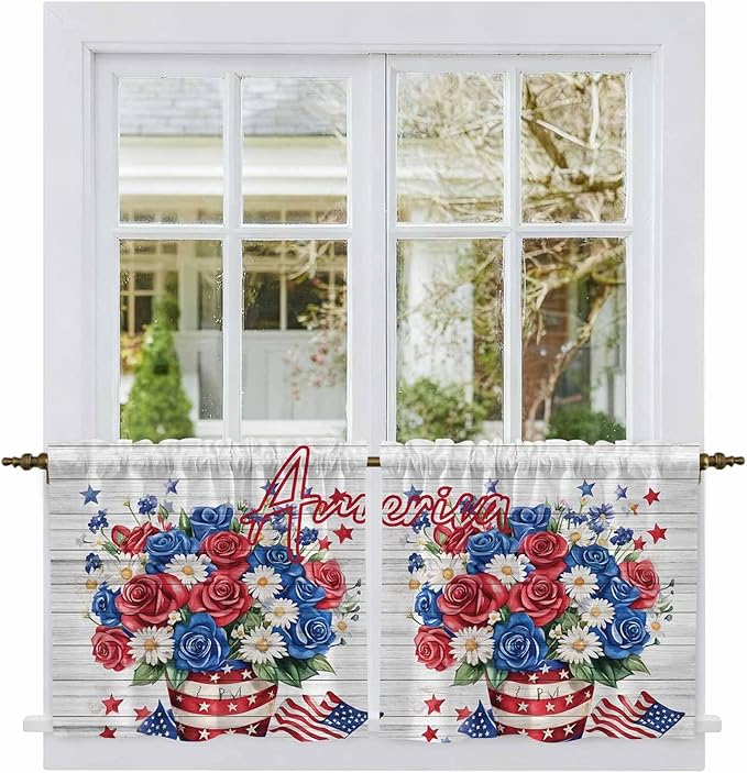 Independence Day Kitchen Tier Curtains 36 Inch Long 2 Panel Set,Rod Pocket Half Window Curtains Over Sink,4 of July Rose Wooden Grain Vintage Light Filtering Short Drapes Cafe 27.5"W x 36"L