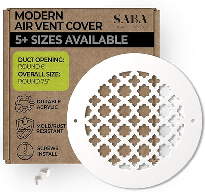 SABA Home Decor Air Vent Cover Grille - Acrylic Plexiglass 6'' Round Duct Opening (7.5'' Overall) White Finish Decorative Registers for Walls and Ceilings NOT Floor USE, Venetian (1, Screws)