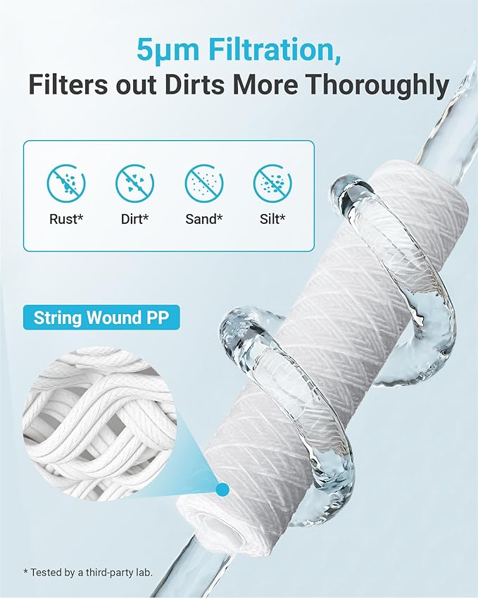 AQUA CREST AP110 5 Micron 10"x2.5" String Wound Whole House Water Filter Replacement for 3M® Aqua-Pure AP110, Culligan® P5, APEC, GE FXUSC, Whirlpool®, Any 10" x 2.5" Home Water Filter, Pack of 4