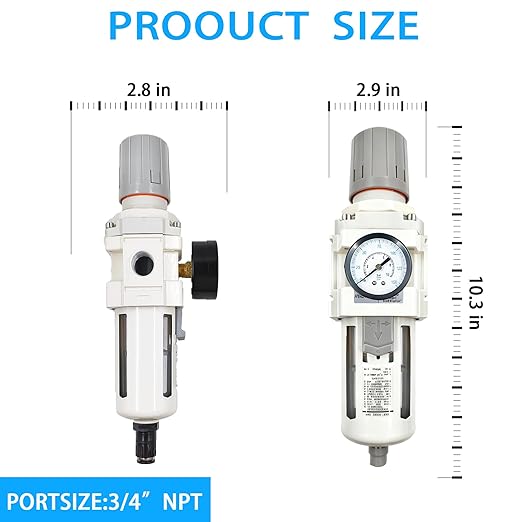 XingNEeng 3/4" NPT Compressed Air Filter Regulator Combo Piggyback, Water/Oil Trap Separator with Pressure Gauge(0-150 psi), Semi-Auto Drain, Poly Bowl, 5 Micron Brass Element, Metal Bracket
