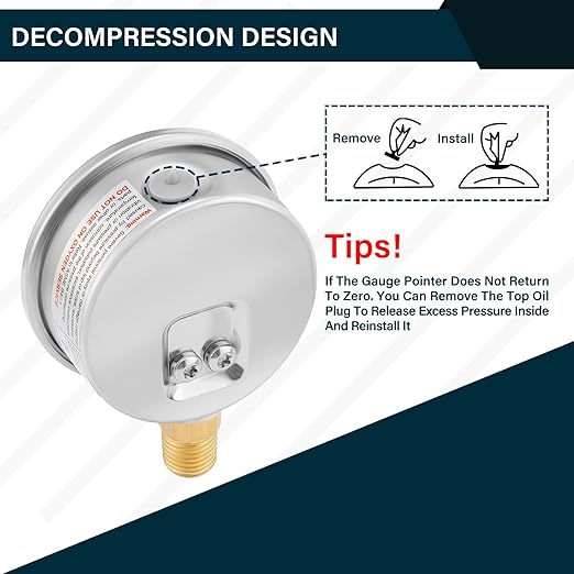 MEASUREMAN 2-1/2inch Dial Size, Liquid Filled Pressure Gauge, 0-60psi/kpa, 304 Stainless Steel Case, 1/4inNPT Lower Mount