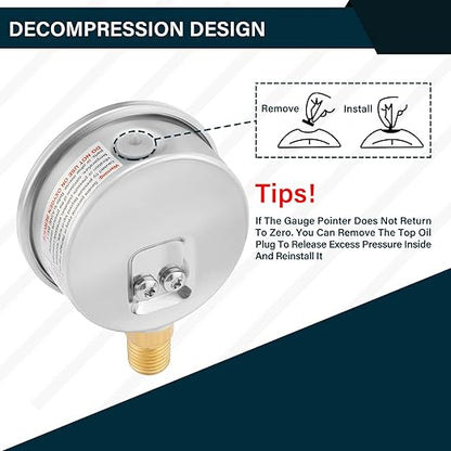 MEASUREMAN 2-1/2inch Dial Size, Liquid Filled Pressure Gauge, 0-60psi/kpa, 304 Stainless Steel Case, 1/4inNPT Lower Mount