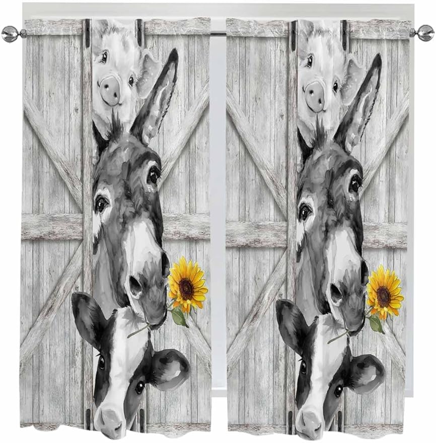 Grey Farmhouse Bedroom Curtains 63 Inches Length, Vintage Sunflowers Animals Printed Window Treatment Curtain Drapes, Rod Pocket Curtain Panels for Living Room Kitchen, 42"x63", 2 Panels