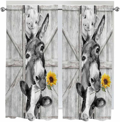 Grey Farmhouse Bedroom Curtains 63 Inches Length, Vintage Sunflowers Animals Printed Window Treatment Curtain Drapes, Rod Pocket Curtain Panels for Living Room Kitchen, 42"x63", 2 Panels