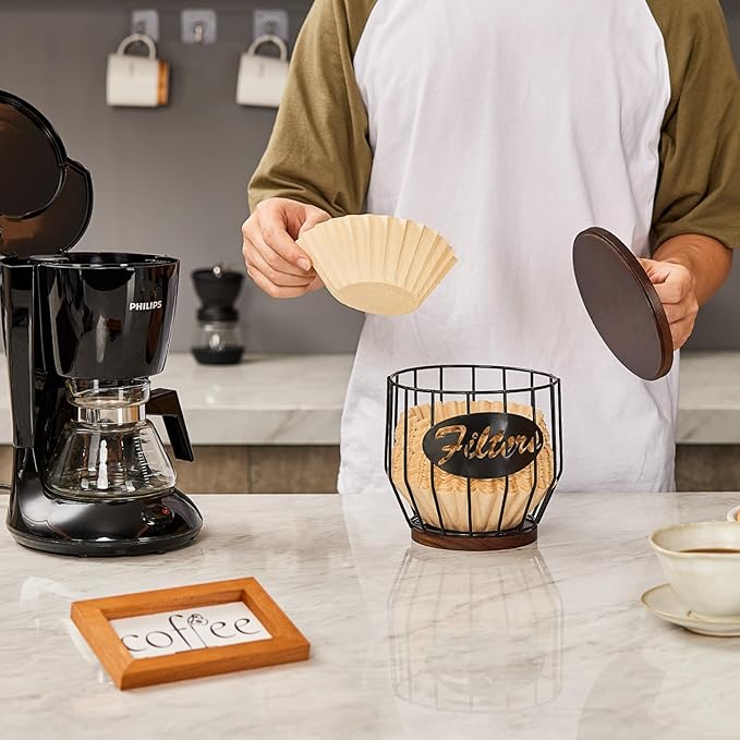 Yangbaga 8-12 Cup Coffee Filters Holder with Wood Lid,Large Capacity Coffee Filter Storage Canister Container Basket,Black Wire K Cup Storage Basket,Coffee Bar Accessories decor