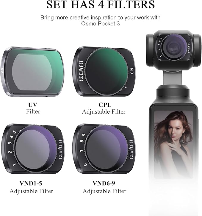 Variable ND Lens Filters Kit for DJI Osmo Pocket 3 Creator Combo Accessories Variable ND Filters 1-5 Stops + 6-9 Stops Compatible-4 Pack(VND2-32 VND64-512 UV CPL)