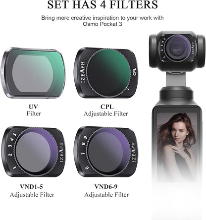 Variable ND Lens Filters Kit for DJI Osmo Pocket 3 Creator Combo Accessories Variable ND Filters 1-5 Stops + 6-9 Stops Compatible-4 Pack(VND2-32 VND64-512 UV CPL)