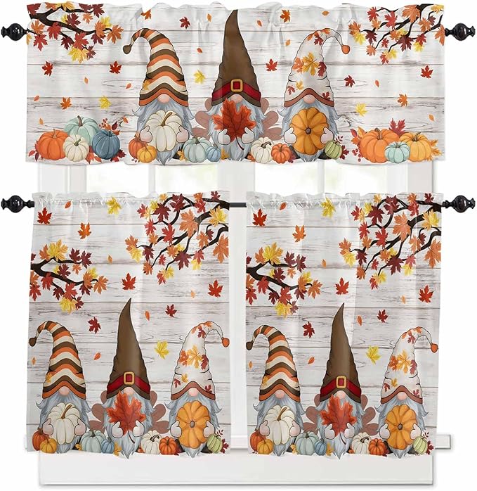 Fall Gnomes Kitchen Curtain Set, Thanksgiving Maple Leaf Grey Wood Grain Window Valance and Tiers 24" Length, Light Filtering Short Curtains Valance for Cafe Bathroom Bedroom 54"x18"