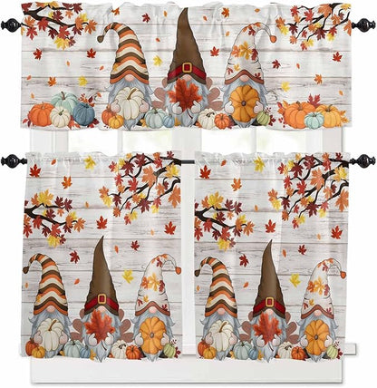 Fall Gnomes Kitchen Curtain Set, Thanksgiving Maple Leaf Grey Wood Grain Window Valance and Tiers 24" Length, Light Filtering Short Curtains Valance for Cafe Bathroom Bedroom 54"x18"