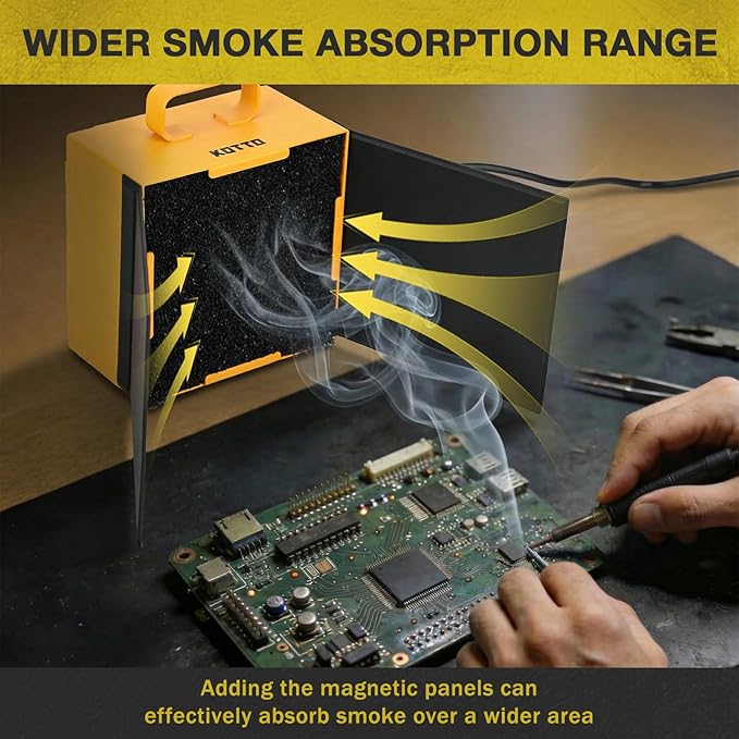 KOTTO Solder Smoke Absorber New with Removable Magnetic Flaps Remover Fume Extractor Smoke Prevention Absorber DIY Working Fan for Soldering Station (Yellow)