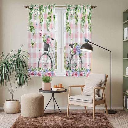 Spring Kitchen Curtains, Bicycles Leaves Butterfly Flowers Pink Buffalo Plaid Light Filtering Window Curtain Panels, 2Pcs Rod Pocket Window Treatments Set for Living Room Bathroom Bedroom 42x63 Inches