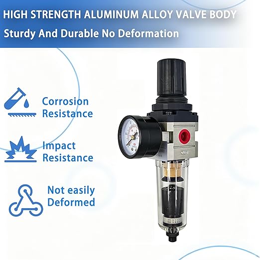 HengMinLingTong 1/4" NPT Compressed Air Filter Regulator Combo Piggyback, 5 Micron Brass Element, Poly Bowl Auto Drain, Metal Bracket, 0-150 psi AW2000-02D