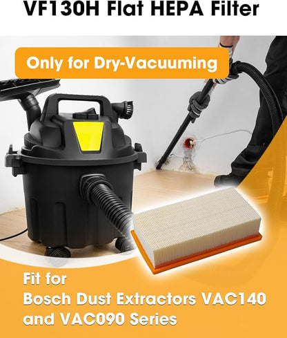 Flat HEPA Filter Replace VF130H Fit for Bosch Dust Extractors VAC090 & VAC140 Series, High-Efficiency Filter for Jobsite & Workshop, 1-Pack Only for Dry-Vacuuming Easy to Install