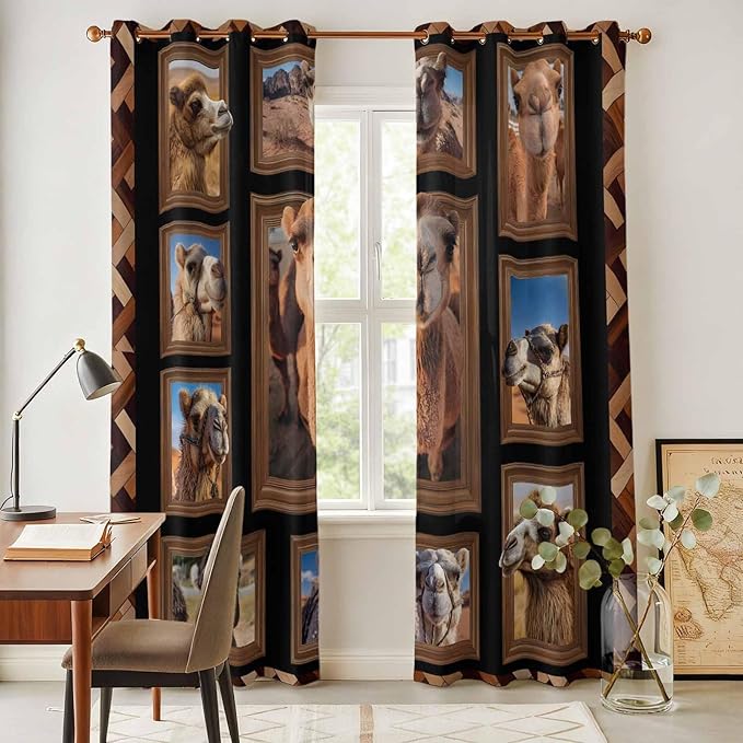 2 Panel Kitchen Cafe Curtains, Desert Camels Sunlight Filtering Nature Air Through, Home Decor Window Covering Tier Curtains for Living Room 104W x 90L inch Brown Wildlife Farmhouse Animals Rustic
