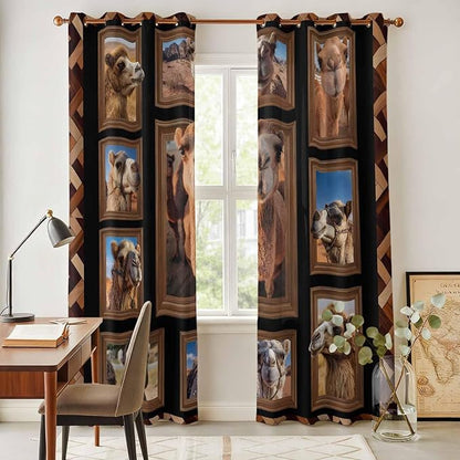 2 Panel Kitchen Cafe Curtains, Desert Camels Sunlight Filtering Nature Air Through, Home Decor Window Covering Tier Curtains for Living Room 104W x 90L inch Brown Wildlife Farmhouse Animals Rustic