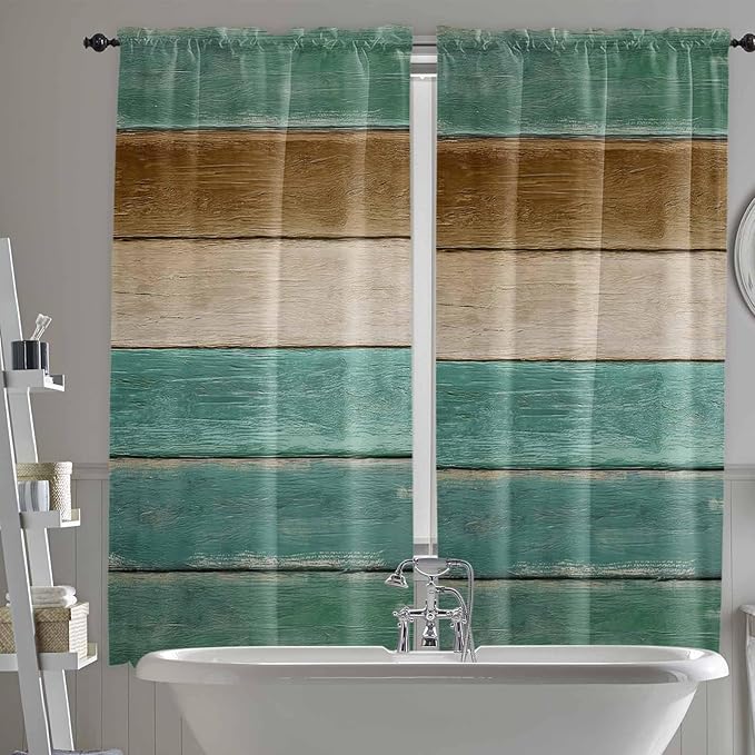 Vintage Plank Turquoise Brown Window Valance Curtains, Farmhouse Wood Grain Light Filtering Kitchen Valance with 3-inch Rod Pocket for Living Room Bathroom Bedroom,2 Panel,52x72In