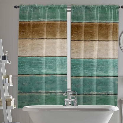 Vintage Plank Turquoise Brown Window Valance Curtains, Farmhouse Wood Grain Light Filtering Kitchen Valance with 3-inch Rod Pocket for Living Room Bathroom Bedroom,2 Panel,52x72In