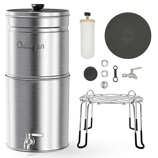 Culligan MaxClear 3 Gallon Gravity Water Filter System, Brushed Stainless-Steel Countertop Water Filter NSF/ANSI Certified to Reduce Microplastics, Lead & Total PFAS, with 3 Ceramic Filters