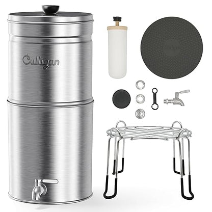 Culligan MaxClear 3 Gallon Gravity Water Filter System, Brushed Stainless-Steel Countertop Water Filter NSF/ANSI Certified to Reduce Microplastics, Lead & Total PFAS, with 3 Ceramic Filters