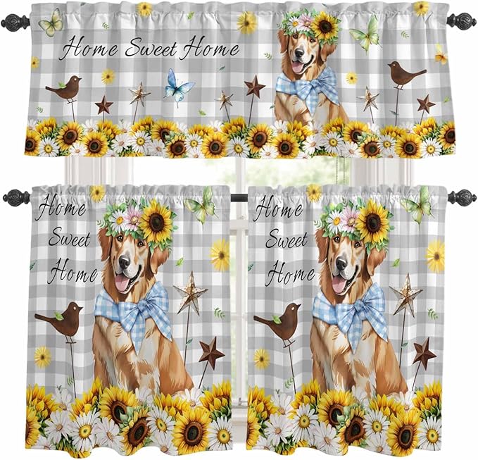 Kitchen Curtains Tiers and Valance Set of 3, Sunflowers Dog Light Filtering Window Curtain Set, Spring Watercolor Floral Stars Grey Plaid Rod Pocket Curtain Drapes for Living Room, 24 Inches Tiers