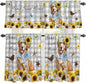 Kitchen Curtains Tiers and Valance Set of 3, Sunflowers Dog Light Filtering Window Curtain Set, Spring Watercolor Floral Stars Grey Plaid Rod Pocket Curtain Drapes for Living Room, 24 Inches Tiers