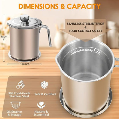 Chihee Grease Container Stainless Steel Bacon Grease Saver with Fine Mesh Strainer 2L / 67.6 fl oz Oil Container Grease Can with Dust-proof Lid Non-slip Tray for Kitchen Storing Frying Cooking Grease