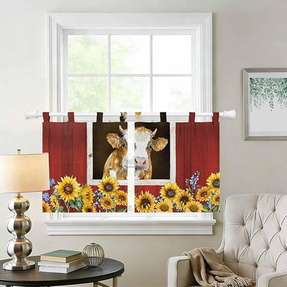 Cows Sunflowers Kitchen Curtains 24 Inch Length, Small Window Curtains Tab Top, Spring Floral Bees Farmhouse Barn Light Filtering Short Window Treatments Tier Drapes 27.5"x24" 2 Panel