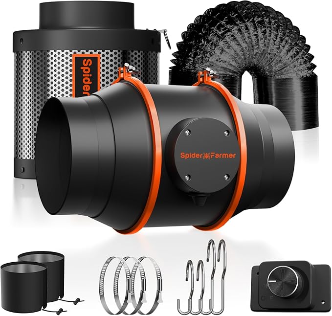 Spider Farmer Air Filtration Kit 6 Inch, Inline Duct Fan with RJ12 Speed Humidity Controller, Carbon Filter Combo, 13 Ft Ducting, Ventilation System Kit for Grow Tents, Hydroponics, Indoor Gardening