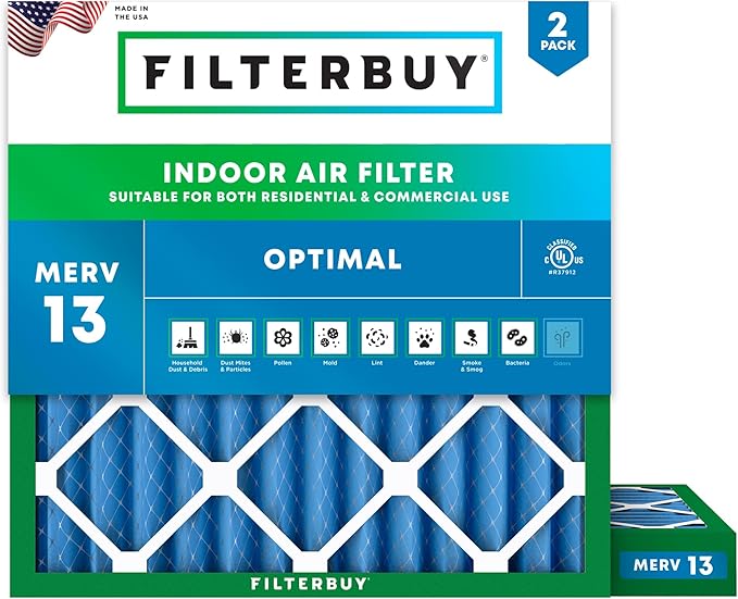 Filterbuy 12x12x2 Air Filter MERV 13 Optimal Smoke & Allergy Defense (2-Pack), Electrostatic Pleated HVAC AC Furnace Filters Replacement, Made in USA (Actual Size: 11.50 x 11.50 x 1.75)