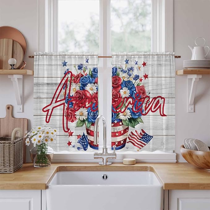 Independence Day Kitchen Curtains 54 Inch Long 2 Panel Set, Rod Pocket Window Curtains Panels, 4 of July Rose Wooden Grain Vintage Light Filtering Privacy Draperies for Bedroom Laundry 42"W x 54"L