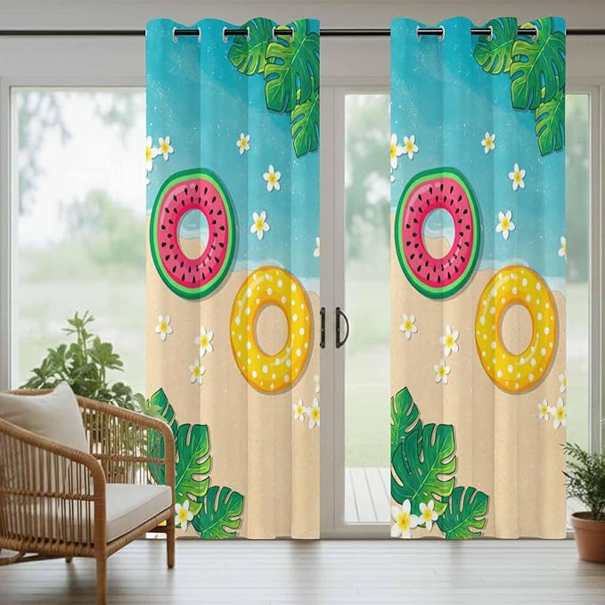 Summer Outdoor Curtains for Patio Plumeria Swimming Circles Ocean Beach Waterproof Outside Curtains with Grommet Top Weatherproof Curtain for Cabana Pergola Gazebo, 2 Pack, 54" W x 108" L