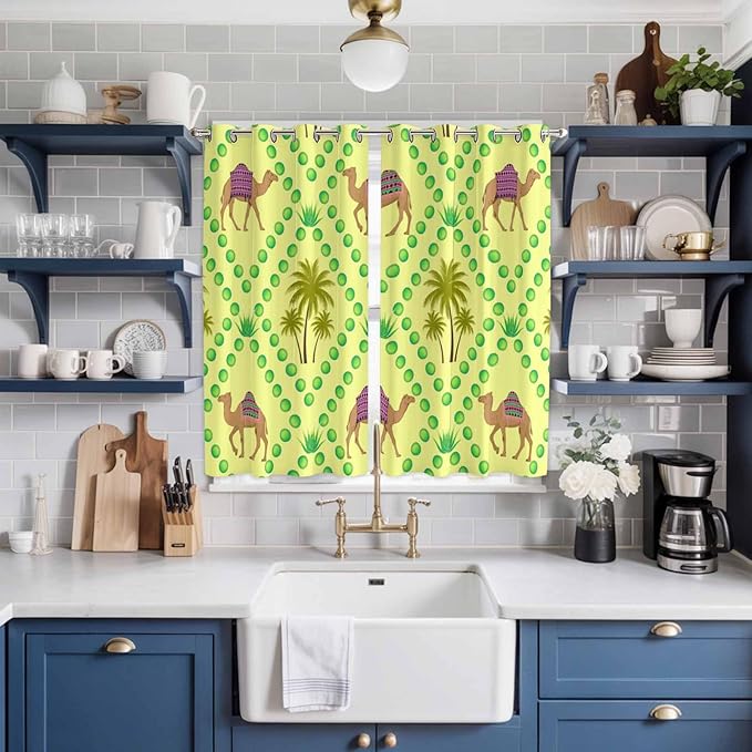 2 Panel Kitchen Cafe Curtains, Desert Sand Camels Sunlight Filtering Nature Air Through, Window Decor Tier Curtains for Living Room 104W x 84L inch Palm Trees Tropical Plants Polka Dot Yellow