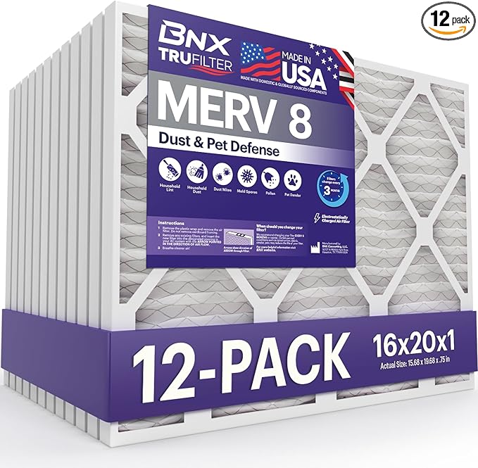 BNX TruFilter 16x20x1 Air Filter MERV 8 (12-Pack) - MADE IN USA – Dust & Pet Defense Electrostatic Pleated Air Conditioner HVAC AC Furnace Filters for Dust, Pet, Mold, Pollen MPR 600 – 700 & FPR 5