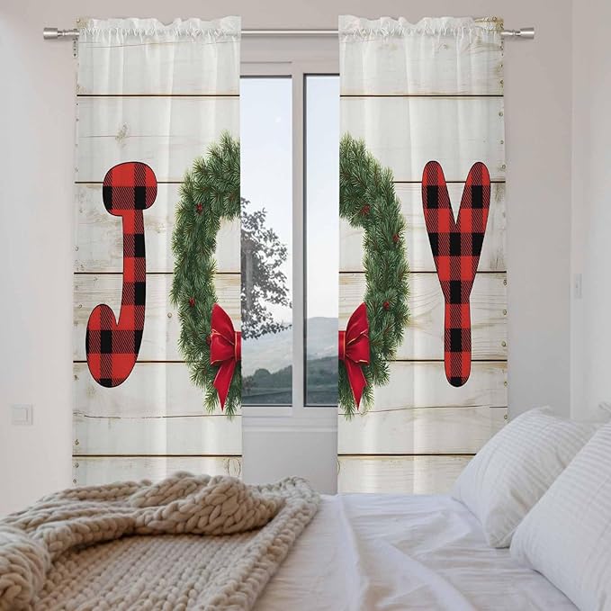 Christmas Wreaths Window Curtains 72 Inch Long 2 Panel Set,Rod Pocket Long Curtains & Drapes,Winter Bow Plaid Farmhouse Wooden Grain Window Treatment for Bedroom Living Room 52"W x 72"L