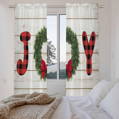 Christmas Wreaths Window Curtains 72 Inch Long 2 Panel Set,Rod Pocket Long Curtains & Drapes,Winter Bow Plaid Farmhouse Wooden Grain Window Treatment for Bedroom Living Room 52"W x 72"L