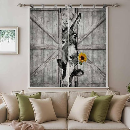 Funny Farm Animals Bathroom Curtains 63 Inch Length, Window Curtains Tab Top, Vintage Barn Grey Sunflowers Light Filtering Window Treatments Drapes 52"x63" 2 Panel