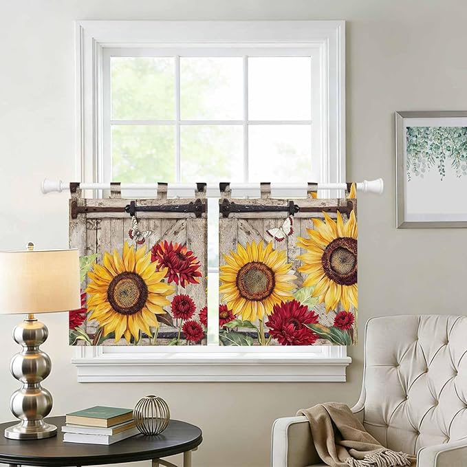 Sunflowers Kitchen Curtains 36 Inch Length, Small Window Curtains Tab Top, Retro Flower Barn Doors Butterfly Farmhouse Brown Light Filtering Short Window Treatments Tier Drapes 27.5"x36" 2 Panel