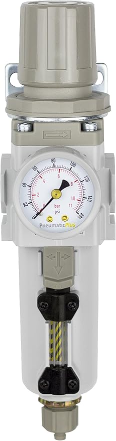 PneumaticPlus SAW300-N03BG-MEP Compressed Air Filter Regulator Piggyback Combo 3/8" NPT - Metal Bowl, Manual Drain, Bracket, Gauge