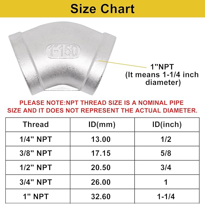 45 Degree Elbow 1PCS, 1" NPT Female x 1" NPT Female 304 Stainless Steel Pipe Fitting, Connector Coupler Apply to Outdoor/Garden/Industrial