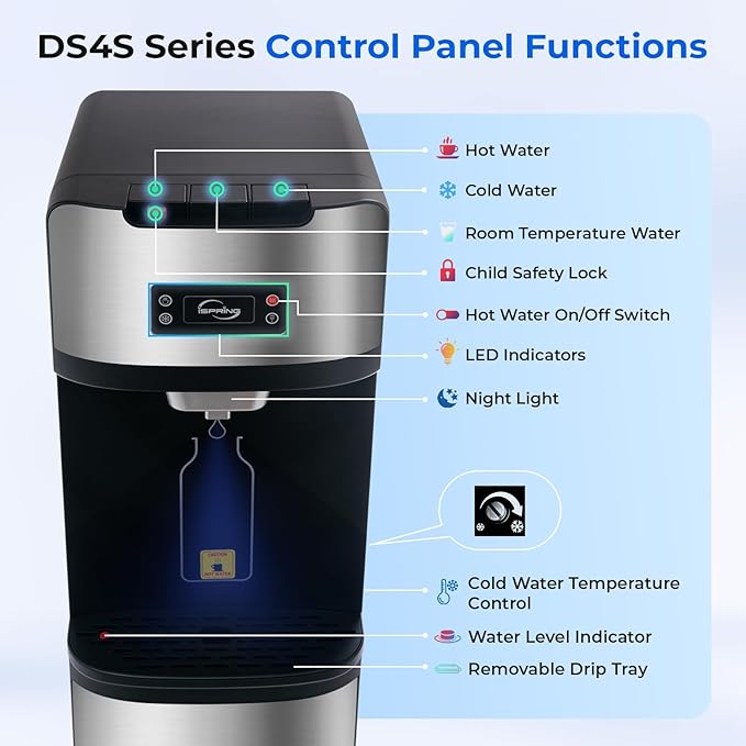 iSpring Bottleless Water Dispenser with 4-Stage Filtration, SGS-Tested 99% of Lead Removal, Water Cooler Dispenser - Hot, Cold, Room Temp, Self Cleaning, Stainless Steel, Silver, Model: DS4S-PB