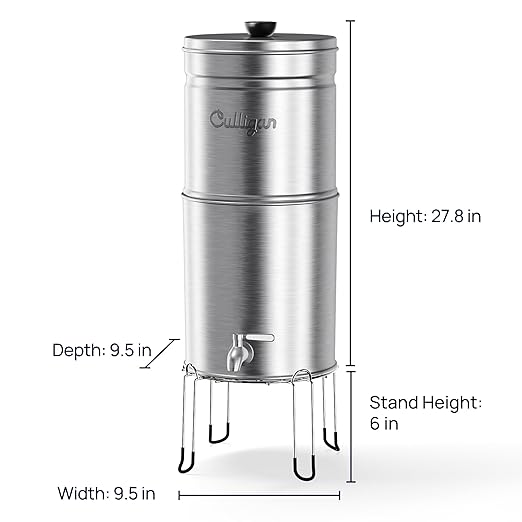 Culligan MaxClear 3 Gallon Gravity Water Filter System, Brushed Stainless-Steel Countertop Water Filter NSF/ANSI Certified to Reduce Microplastics, Lead & Total PFAS, with 3 Ceramic Filters