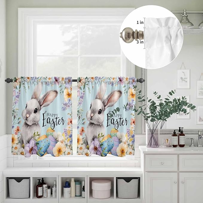 Happy Easter Kitchen Curtains Set 3 Piece for Windows,Rod Pocket Valance and Tier Set 24 Inch Length,Spring Grey Bunny Colorful Eggs Flower Blue Light Filtering Cafe Curtains for Living Room