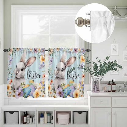 Happy Easter Kitchen Curtains Set 3 Piece for Windows,Rod Pocket Valance and Tier Set 24 Inch Length,Spring Grey Bunny Colorful Eggs Flower Blue Light Filtering Cafe Curtains for Living Room